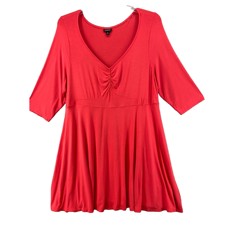 Torrid Dress 3X Plus Red 3/4‎ Sleeve V-Neck Stretch Pleated Career Casual Wear